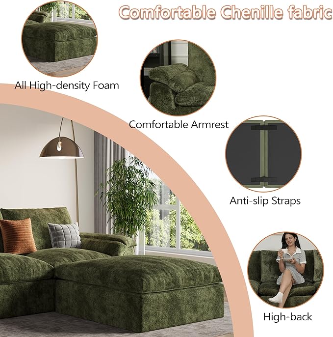 EASE MOOSE Oversized Cloud Couch Sectional Sofa, L-Shaped Large Modular Couch for Living Room, Minimalist Boneless Convertible Couches with Ottoman, 5-Seat Deep Sofas for Bedroom, Chenille (Green)