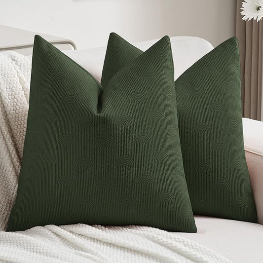FUTEI Christmas Dark Green Chenille Decorative Throw Pillow Covers 26x26 Inch Set of 2,Soft Cozy Striped Geometric Patterns Euro Pillow Shams,Modern Home Decor for Couch Bed Living Room