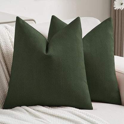 FUTEI Christmas Dark Green Chenille Decorative Throw Pillow Covers 16x16 Inch Set of 2,Soft Cozy Striped Geometric Patterns Cushion Cases,Modern Home Decor for Couch Bed Living Room