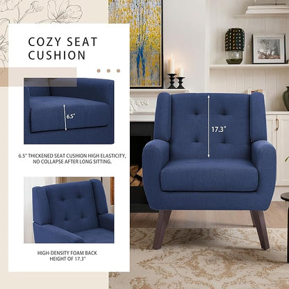 Accent Chair, Mid-Century Modern Upholstered Armchair, Comfy Fabric Living Room Chairs Reading Chairs with Button Tufted Back & Solid Wood Legs for Bedroom, Office, Blue