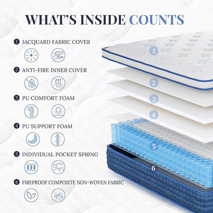 Queen Mattress, 12 Inch Queen Size Hybrid Mattresses in a Box, Medium Feel Foam and Individual Pocket Springs, Fiberglass Free Bed Mattress, Extra Edge Support, Pressure Relief, CertiPUR-US, Blue