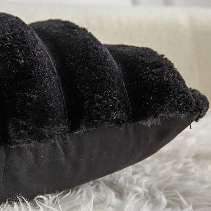 Neelvin Black Faux Fur Cozy Soft Striped Decorative Throw Pillow Covers 22x22 inch Set of 2,Velvet Pillowcase Cushion Case for Sofa Couch