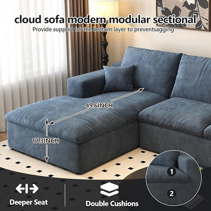 136.6'' U-Shaped Modern Modular Sectional Cloud Couch Whit Ottoman, 4-Seat Chenille Deep-Seat Sofa with Pillow for Living Room, Bedroom, Apartment, Ocean Blue