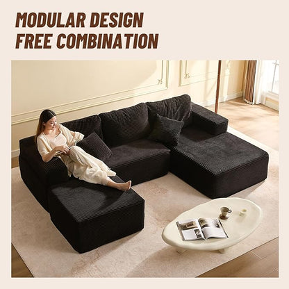 107" Boneless Couch with Deep Seat, Modular Sectional Sofa, Cloud Sectional Couch for Living Room, No Assembly Required, Corduroy, U-Shape 3 Seater Left, Black