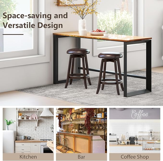 COSTWAY 24-Inch Swivel Bar Stools Set of 4, Upholstered Barstools w/PU Leather Seat & Solid Rubber Wood Legs, Mid-Century Backless Round Counter Height Stools w/Footrest for Kitchen Home Bar