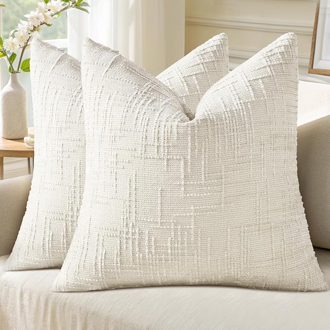 decorUhome Christmas Cream White Chenille Throw Pillow Covers 18x18 Set of 2 Thick Textured Slubby Couch Pillow Covers Farmhouse Accent Modern Neutral Decorative Pillow Cases for Bed Sofa Living Room