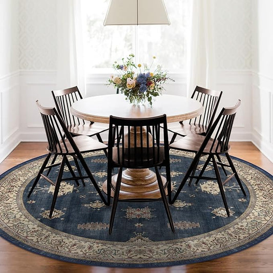 RUGGABLE Washable Vintage Area Rug – Verena Sapphire 6 ft Round, Stain-Resistant, Non-Slip – Medium Machine Washable Rugs for Living Room, Bedroom, Hallway, Entryway & Office–with Cushioned Pad
