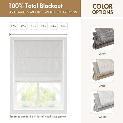 Madison Park Cordless Roman Shades, Total Blackout Window Blind Privacy Window Shades, Thermal Insulated Cordless Window Treatment for Bedroom, Living Room, Quincy, Single Panel 34" W X 64" H White