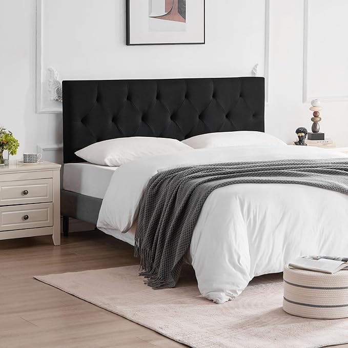 Linen Upholstered Headboard Full Size, Modern Diamond Tufting Solid Wood Full XL Headboard Only, Adjustable Height from 37” to 51” Head Board, Bed Frame or Wall Mount Headboards, Black