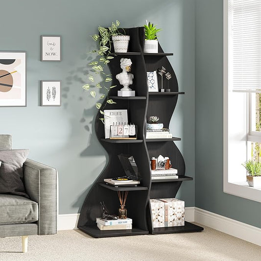 Tribesigns Corner Shelf, Modern 5-Tier Wall Corner Bookshelf, Stylish Corner Small Bookcase Storage Rack Plant Stand with Unique Shape for Living Room, Home Office, (2PCS, Black)