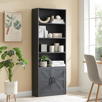 70in Tall Bookshelf 6 Tier Bookcase with Barn Doors and Adjustable Shelf, Black Farmhouse Book Shelves with Storage Cabinet,Wood Floor Standing Display Bookshelve for Bedroom,Living Room,Kitchen