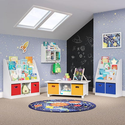 Kids Bookrack with Three Cubbies and 2 Red Bins