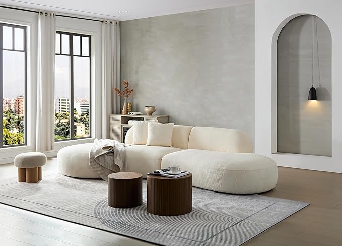 135.4" Oversized Curved Sofa Couch Modern 6-Seat Round Boucle Sectional Sofa Couch with Chaise & Pillows for Living Room Apartment Furniture,No Assembly Needed (Beige+Left-Facing)
