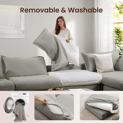 118.5" Down Filled Cloud Couch, Chenille Modular Sectional Sofa with Storage Ottoman, 3-Seater L Shape Sofa with Throw Pillows, Mordern Sectional Couches for Living Room, Light Grey
