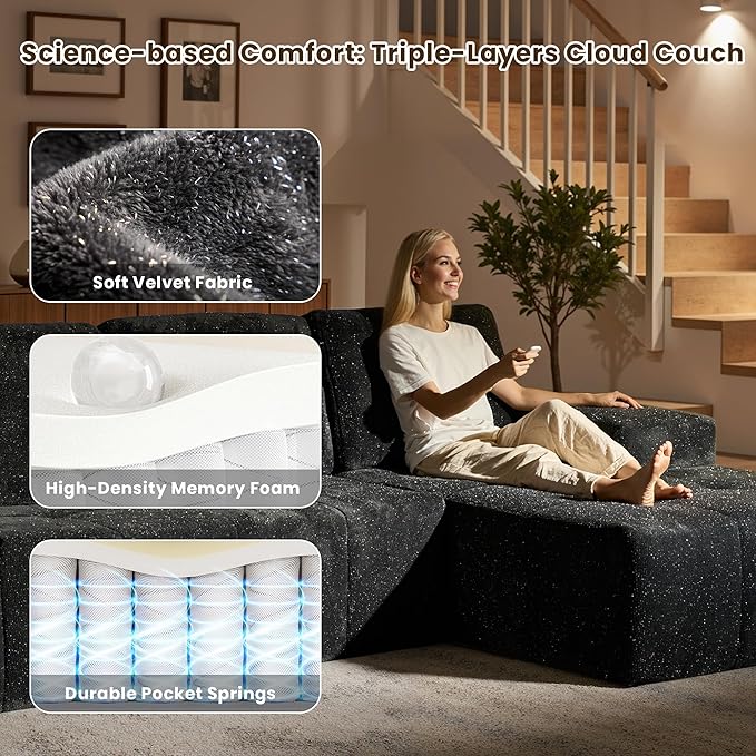114" Glitter Cloud Sectional Couch with L-Shape Chaise & Ottoman, Modern Boneless Couches for Living Room, Fluffy Tufted Deep Seat Modular Sofa No Assembly (Gray Sparkly Velvet,Right Facing)