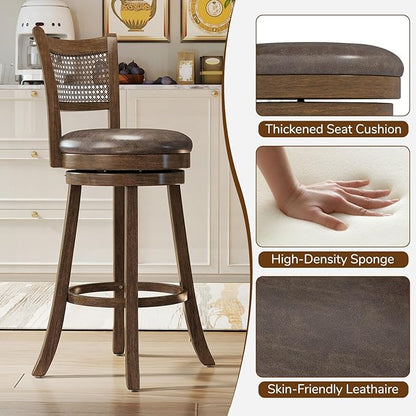 COSTWAY 30” Swivel Bar Height Barstool Set of 2, Rubber Wood Bar Stools with Rattan Backrest, Footrest, Upholstered Leathaire Armless Chairs for Kitchen Island, Pub, Brown(2, 30” Seat Height)