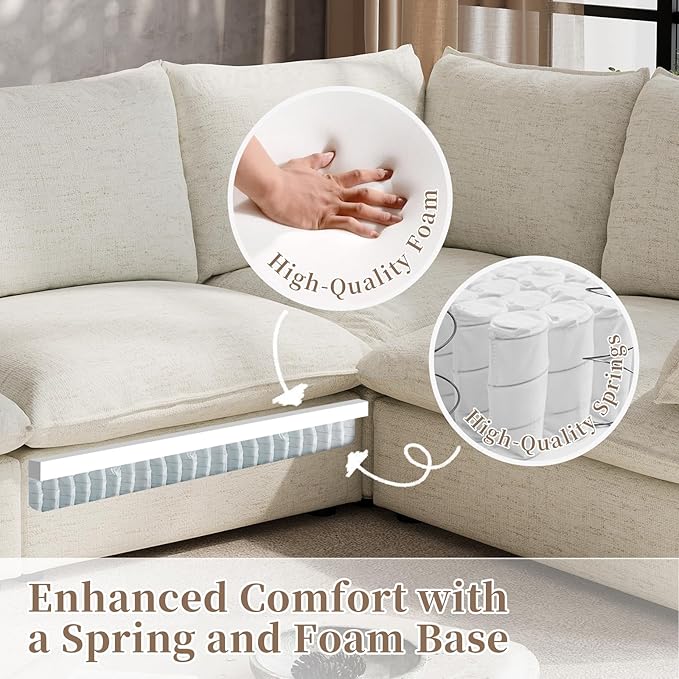 Waterproof Cloud Sectional Couches,High Backrest Down Filled Sofa for Living Room,94.5" Modular Sofas L-Shaped with Ottoman,Detachable Couch Covers,Cream White