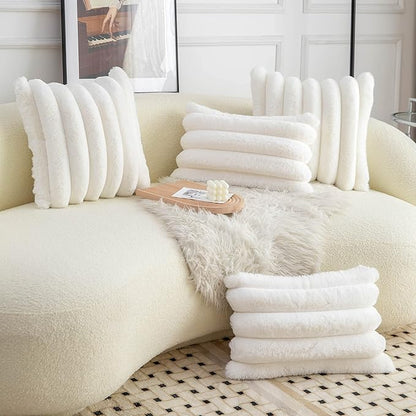 Neelvin Cream White Faux Fur Cozy Soft Striped Decorative Throw Pillow Covers 18x18 inch Set of 2,Velvet Pillowcase Cushion Case for Sofa Couch