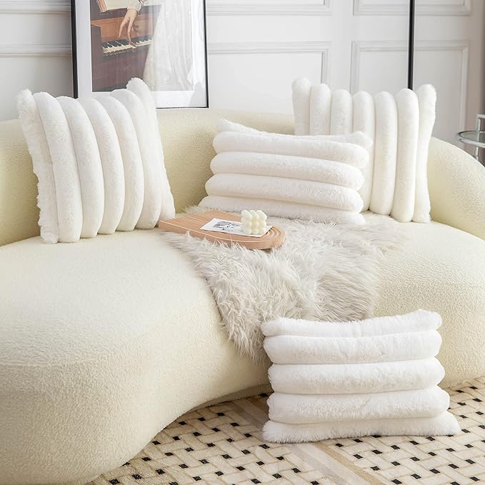 Neelvin Cream White Faux Fur Cozy Soft Striped Decorative Throw Pillow Covers 20x20 inch Set of 2,Velvet Pillowcase Cushion Case for Sofa Couch