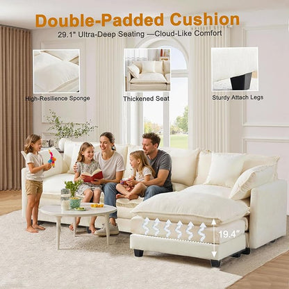 Expandable Modular Sectional Sofa with Ottoman, 111.4" Cloud Chenille U-Shape Couch, Reversible Chaise & 2nd Ottoman for Large Spaces, Deep Seat, Solid Wood Frame
