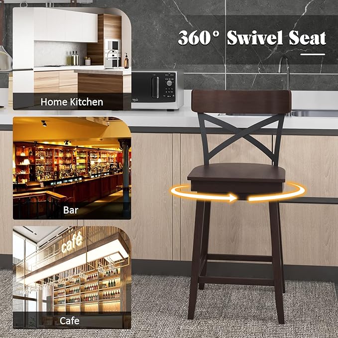 COSTWAY Swivel Bar Stool Set of 2, 24 Inch Ergonomic Counter Height Chairs with Open X Back & Footrest, 2PCS Vintage Wooden Barstools for Kitchen Island, Pub, Bistro, Café, Brown (2, 24 inch)