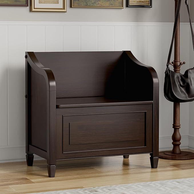 SIMPLIHOME Connaught Entryway Storage Bench - 30 inch Wide Solid Wood Small Storage Seat in Chestnut Brown, Traditional Bench for Entryway or Living Room with Lift-Up Lid and Decorative Trim