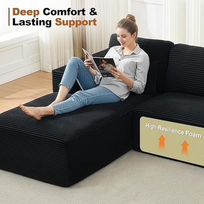 Modular Sectional Cloud Couch for Living Room,Modern Boneless Couche Set with Plush Corduroy,Comfy Floor Sofa with Memory Foam,Stupendous U Shaped Sofa with Chaise,No Assembly Required,Black