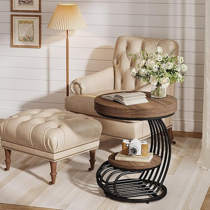 Tribesigns Round End Table Set of 2, 2-Tier Farmhose Wood Side Table with Shelf Storage, Small Sofa Side Bedside Nightstand, Accent Furniture for Living Room, Light Brown