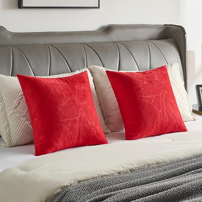 FUTEI Christmas Red Velvet Throw Pillow Covers 18x18 Inch Set of 2,Soft Embossed Leaf-Relief Textured Cushion Cases,Natural Home Decor for Couch Living Room