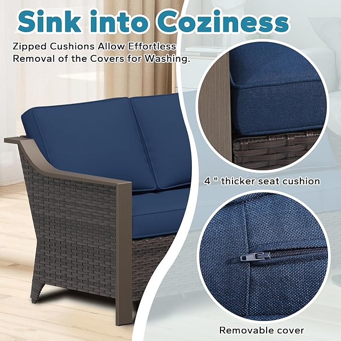 Patio Swivel Chairs Set of 2, Metal Wicker Conversation Furniture Set, Upholstered & 360 Degree Glider Rockers Armchairs, PE Rattan, Metal armrests, Terrace (Navy Blue)
