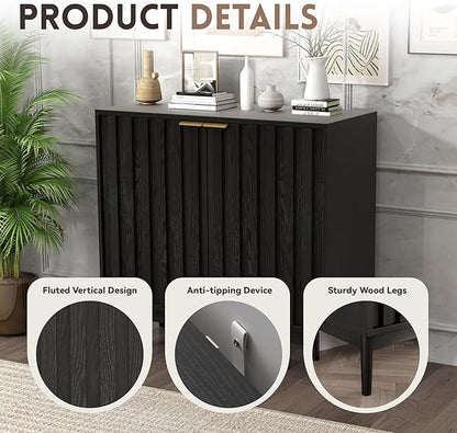 Fluted Cabinet with Storage, Buffet Cabinet Sideborad with Door, Kitchen Buffet Storage Accent Cabinets with Adjustable Shelves for Living Room, Entry, Hallway, Black