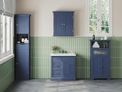 ChooChoo Bathroom Floor Storage Cabinet with Flip Glass Drawer, Freestanding with 2 Doors, Adjustable Shelf & 1 Open Storage for Living Room, Hallway, Navy Blue