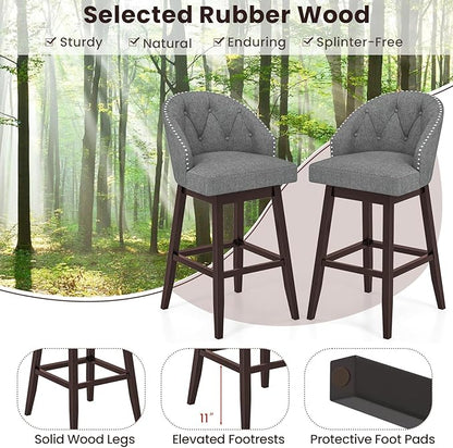 COSTWAY Bar Stools Set of 4, 31’’ Swivel Bar Stools with Rubber Wood Legs & Padded Back, Breathable Linen Fabric, Stylish Tufted Design & Rivet Decoration, Adjustable Foot Pads (4, Grey + Brown)