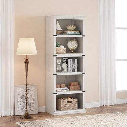 IDEALHOUSE 5 Tier Bookcase, Farmhouse Book Shelf with Storage, Tall Book Case Wooden 5 Shelf Bookcase for Home Office, Living Room, Bed Room (White, 67.4" H x 24.6" W x 12.8" D)