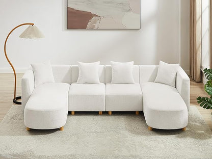 VANOMi 113" Sectional Sofa with 4 Pillows, U-Shaped 4-Seater Comfy Boucle Cloud Couch, Modern Double Chaises Lounge Sofas for Living Room, Office, Apartment (White-U)