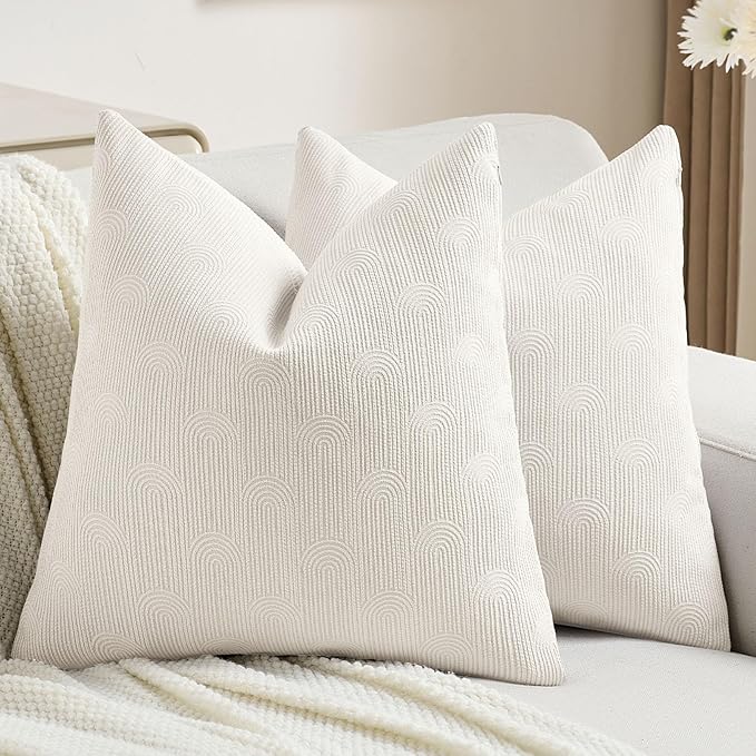 FUTEI Cream Chenille Decorative Throw Pillow Covers 20x20 Inch Set of 2,Soft Cozy Striped Geometric Patterns Cushion Cases,Modern Home Decor for Couch Bed Living Room