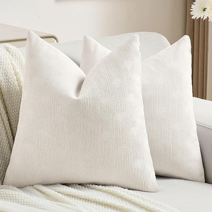 FUTEI Cream Chenille Decorative Throw Pillow Covers 22x22 Inch Set of 2,Soft Cozy Striped Geometric Patterns Cushion Cases,Modern Home Decor for Couch Bed Living Room