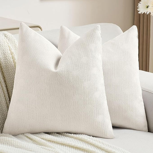 FUTEI Cream Chenille Decorative Throw Pillow Covers 22x22 Inch Set of 2,Soft Cozy Striped Geometric Patterns Cushion Cases,Modern Home Decor for Couch Bed Living Room