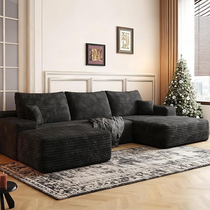107.5" Cloud Modular Sectional with Ottoman, U-Shaped Sofa for Living Room, Modern Minimalist Couches, Deep Seat Comfy Couch & Reversible Chaise, No Assembly Required (Black, Right Facing Chaise)