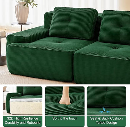 150.4” Green Boneless Couches for Living Room, Modular Sectional Sofa with L-Shape Chaise, 4 Seater Comfy Upholstered Deep Seat Corduroy Fabric Cloud Couch No Assembly, Anti-Slip Design