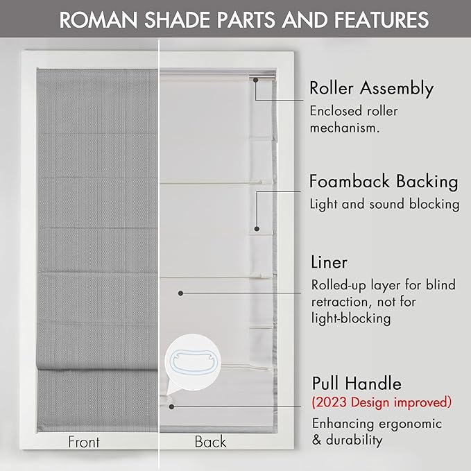 Madison Park Galen Cordless Roman Shade, 27"W x 64"H, Sheen Grey – Room Darkening, Thermal Insulated, Energy Efficient Window Blind with Subtle Sheen Basketweave Fabric for Privacy