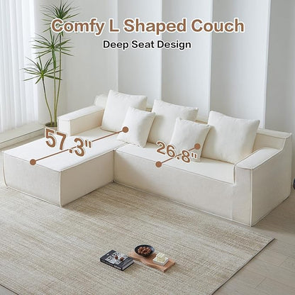 Boneless Couch Sectional, Comfy Memory Foam Sofa in a Box, Modern Cloud Couch with 5 Headrests, Comfy L-Shape Sofa for Living Room (White, Velvet)