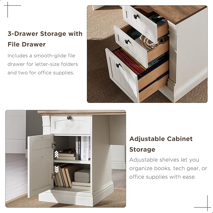 OKD 60" L Shaped Executive Desk with Hutch and Drawers, Farmhouse Home Office Desk with Charging Station, File Cabinet Storage, Wood Corner Computer Desk for Work and Study, Antique White