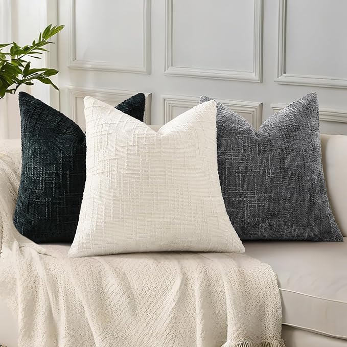 decorUhome Black Chenille Throw Pillow Covers 22x22 Set of 2 Thick Textured Slubby Couch Pillow Covers Farmhouse Accent Modern Neutral Decorative Pillow Cases for Bed Sofa Living Room