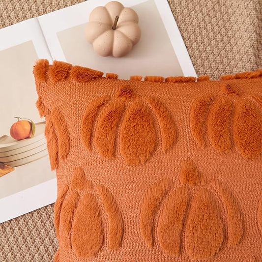 Kevin Textile Fall Pillow Covers 16x16 Inch Set of 2 Soft Pumpkins Decorative Square Pillowcases Plush Autumn Faux Fur Cushions Harvest Gift for Couch Sofa Chair Bedroom Home Decor, Brown
