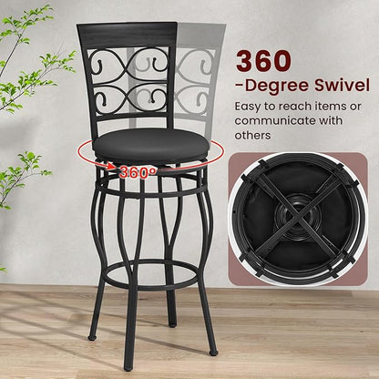 Giantex 30" Swivel Bar Stools Set of 4, Bar Height Bar Stools with Back, Upholstered PU Leather Seat, Footrest, Max Load 330Lbs, Vintage Metal Barstools for Kitchen Island, Dining Room, Pub, Black