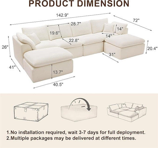 143" Cloud Sectional Couch, Boneless couches for Living Room，U Shaped Couch with Convertible Ottoman, Modular Sectional Sofa with Deep Seat, Comfy Soft Cushions, No Assembly, Beige