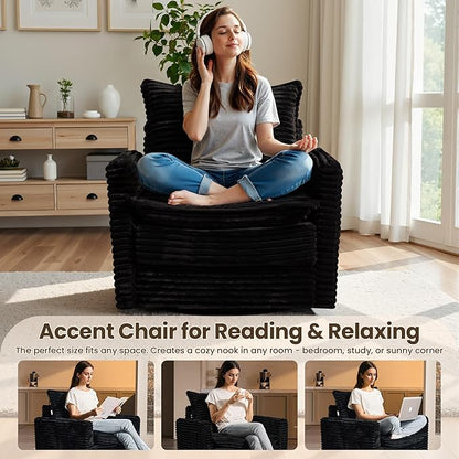 98" Modular Sofa with Swivel Chairs, Modern L Shape Cloud Sectional Couch Plush Corduroy 5 Seater Deep Seat Sofas Set & Accent Armchair Set of 2 for Living Room, Black