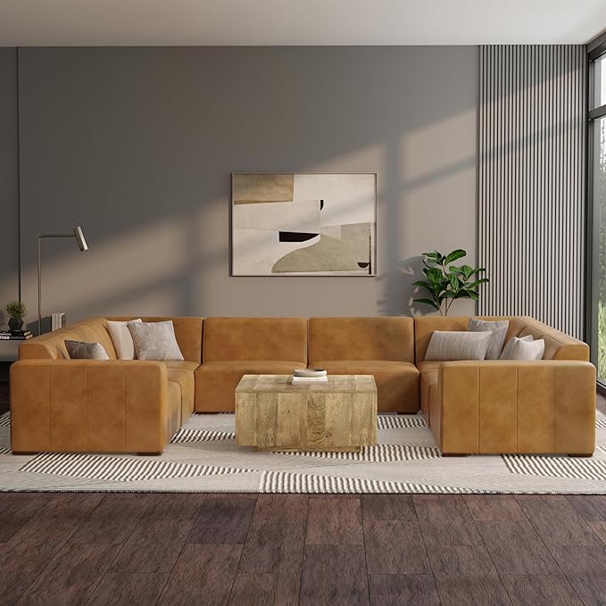 SIMPLIHOME Rex U-Shaped Sectional Modular Sofa in Full-Grain Genuine Leather, Sienna, 144-inches Wide, Handcrafted Modern-Style Large Leather Couch for Living Room