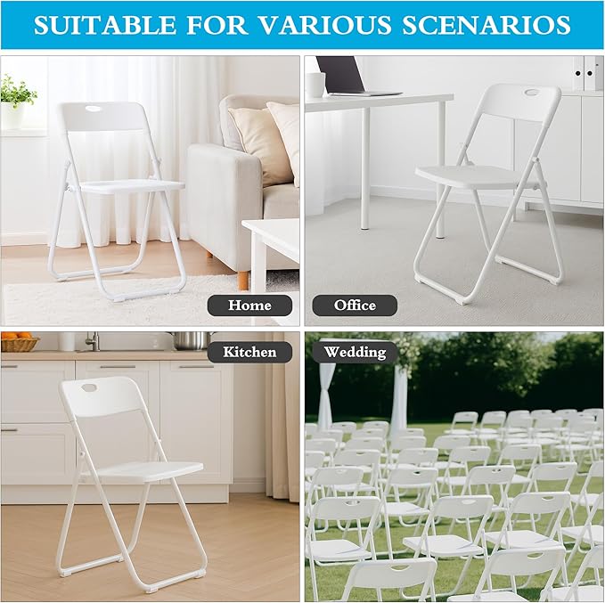 40 Pack White Plastic Folding Chairs, Indoor Outdoor Portable Stackable Commercial Seats with Steel Frame for Home Office Wedding Party Events Kitchen Dining, 350lb Capacity